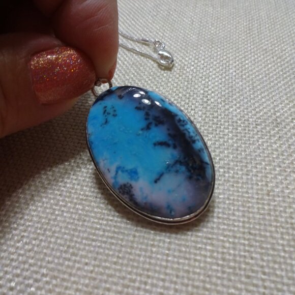 Gorgeous BLUE DENDRITE OPAL Handmade Sterling 925 Pendant/Chain #364C - Picture 3 of 5